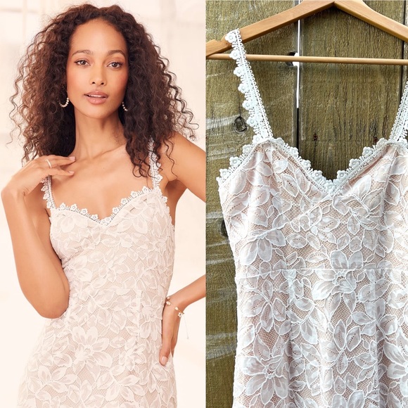 White Lace and Crochet Sweetheart Slip Midi Dress 🌿 - Picture 2 of 12